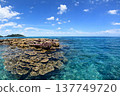 A tropical coastal landscape with crystal-clear waters and rocky reefs. 137749720