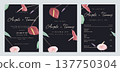 Floral wedding invitation card set template design, anthurium flowers and leaves, dark grey theme 137750304
