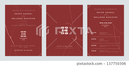 Luxury wedding invitation card set template design, cracked lines on red 137750306
