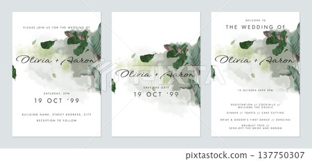 Greenery wedding invitation card set template design, green watercolor decorated with tropical leaves on white Greenery wedding invitation card set template design, green watercolor decorated with tropical leaves on white 137750307