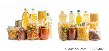 Foodstuff for donation, storage and delivery. Various food, pasta, cooking oil and canned food in cardboard box. 137750630