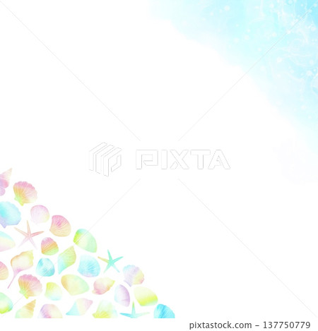 清新的斜角邊框，飾以海洋和貝殼圖案。夏季水彩背景素材。 137750779