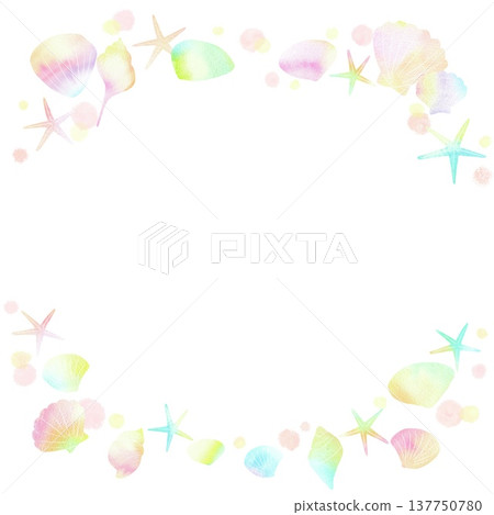 一個可愛的粉彩色貝殼相框。一幅夏日水彩插畫。 一個可愛的粉彩色貝殼相框。一幅夏日水彩插畫。 137750780