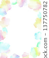 A vertical frame surrounded by colorful pastel-colored hibiscus flowers. A cute summer watercolor illustration. 137750782