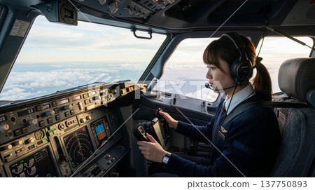 A young female co-pilot who pilots a passenger plane 137750893
