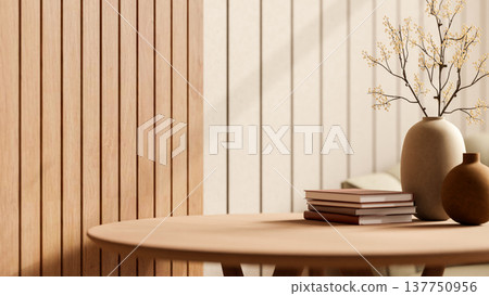 A pile of books and dried flower in vase on round table in a room with sunlight on wooden slats wall A pile of books and dried flower in vase on round table in a room with sunlight on wooden slats wall 137750956