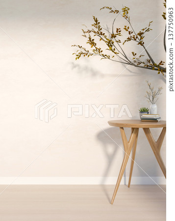 Books and vase on wooden stool table with decorative tree branch and sunlight shining on white wall. Books and vase on wooden stool table with decorative tree branch and sunlight shining on white wall. 137750963