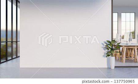 Green plant vase on corridor with glass wall and white wall aside office's door in company building. 137750965
