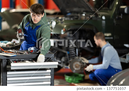 Portrait of car mechanic in overalls working in garage of car repair shop 137751037