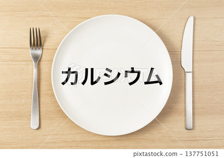 A plate and cutlery with "Calcium" written on it. 137751051
