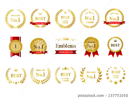 A set of medals and emblems for ranking awards, in gold and red. 137751058