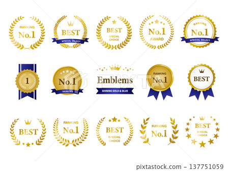A set of medals and emblems for ranking awards, in gold and blue. 137751059