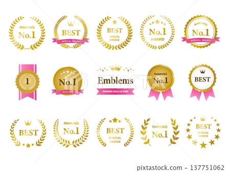 A set of medals and emblems for ranking awards, in gold and pink. A set of medals and emblems for ranking awards, in gold and pink. 137751062