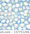 A watercolor background of a deep blue sea and shimmering seashells. An image of a fantastical nighttime ocean. 137751206