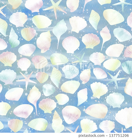 A watercolor background of a deep blue sea and shimmering seashells. An image of a fantastical nighttime ocean. A watercolor background of a deep blue sea and shimmering seashells. An image of a fantastical nighttime ocean. 137751206