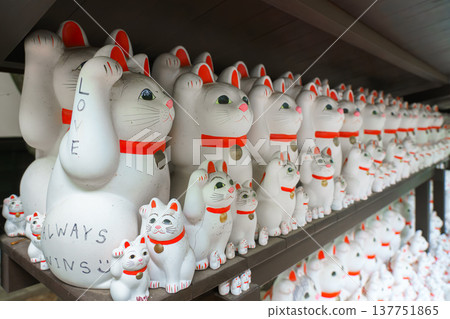 Tokyo, Japan - Sep 30 2024, A close-up view of many multi-sized white beckoning cat figure of Maneki neko with red ears and noses displayed at Gotokuji Temple, without people, at daytime, Tokyo, Japan 137751865