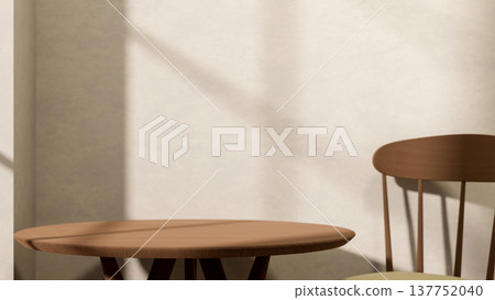 Empty round brown table and wooden chair with sunlight shining upon white wall in the room's corner. Empty round brown table and wooden chair with sunlight shining upon white wall in the room's corner. 137752040