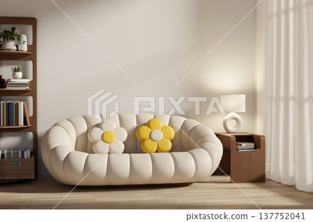 Pumpkin sofa and flower cushion with table and bookshelf on wooden parquet floor in white wall room. 137752041