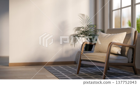 Wooden armchair with cushion over carpet aside window and plant on parquet floor in white wall room. 137752043