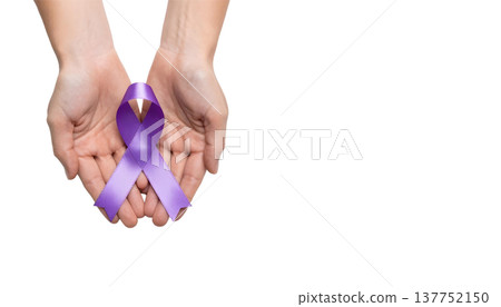 Hands clutch a purple ribbon set against a transparent background, promoting awareness for sarcoidosis and related causes 137752150