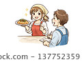 Illustrations of a man attending a cooking class and men and women participating in a cooking-themed matchmaking event. 137752359
