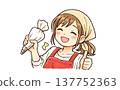 A smiling woman holding a piping bag of whipped cream. 137752363