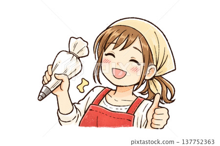 A smiling woman holding a piping bag of whipped cream. 137752363