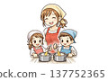 Illustrations of a mother cooking with her child and baking sweets together. 137752365
