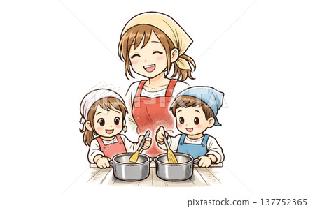 插圖描繪了一位母親和她的孩子一起做飯、一起烘焙甜點的場景。 137752365