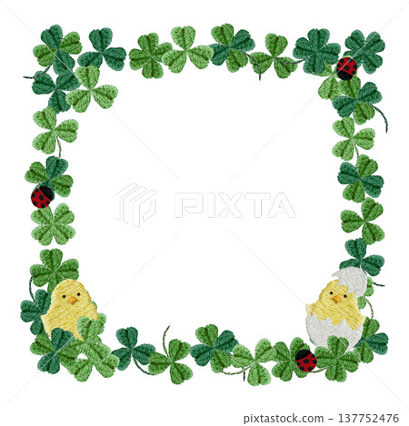 [Clover, chick, and ladybug frame] Hand-embroidered illustration material 137752476