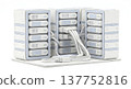 An illustration of a light blue papercraft server rack connected by cables. 137752816