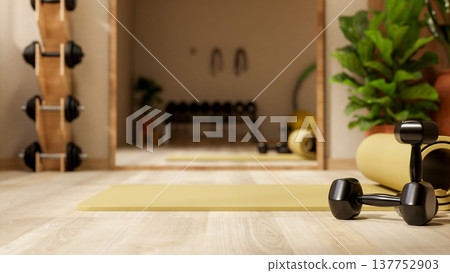 Black dumbbell and yellow yoga mat on wood floor across rack and mirror in fitness gym exercise room Black dumbbell and yellow yoga mat on wood floor across rack and mirror in fitness gym exercise room 137752903
