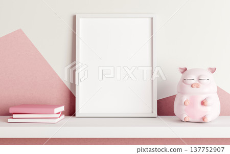 Empty blank photo frame with books and piggy bank doll on hanging shelf in white and pink wall room. Empty blank photo frame with books and piggy bank doll on hanging shelf in white and pink wall room. 137752907