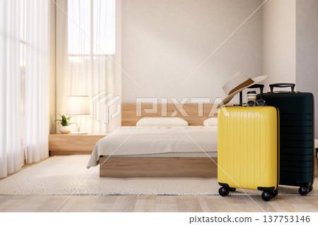 Yellow and black luggage suitcase with sunglasses and tourist hat stay on trip in cosy hotel bedroom Yellow and black luggage suitcase with sunglasses and tourist hat stay on trip in cosy hotel bedroom 137753146