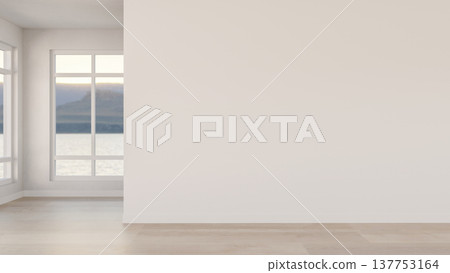 Empty room with wood parquet floor corridor and window with river view on white wall in modern house 137753164