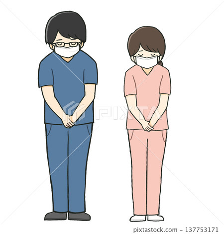 醫護人員（醫生、護士和其他身穿手術服的醫護人員）鞠躬。 137753171