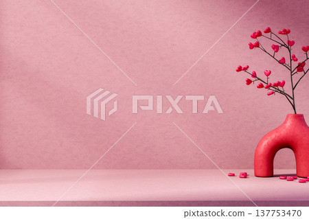 Heart shaped flower in red abstract design vase on the floor with sunlight shining in pink wall room Heart shaped flower in red abstract design vase on the floor with sunlight shining in pink wall room 137753470