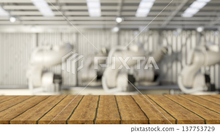Wooden crate table bench across manufacturing machine in modern factory or warehouse with metal wall Wooden crate table bench across manufacturing machine in modern factory or warehouse with metal wall 137753729