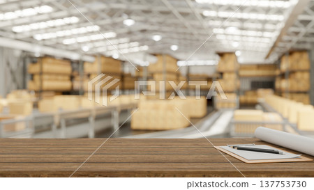 Clipboard and pencil on wooden table across crate boxes on metal shelves in goods factory warehouse. Clipboard and pencil on wooden table across crate boxes on metal shelves in goods factory warehouse. 137753730
