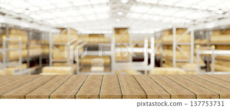 Empty wooden table or bench across crate boxes on metal shelves in modern factory or goods warehouse Empty wooden table or bench across crate boxes on metal shelves in modern factory or goods warehouse 137753731