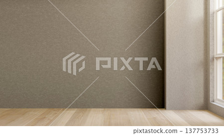 Empty loft cement wall room with square pillar on wooden parquet floor and sunlight through a window 137753733