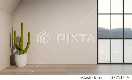 Cactus tree in pot on wooden parquet floor aside glass windows with sea view in white wall attic room. 137753739