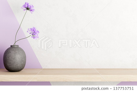 Grey oval stone flower vase on wooden hanging floated shelf in white and lavender purple wall room. 137753751