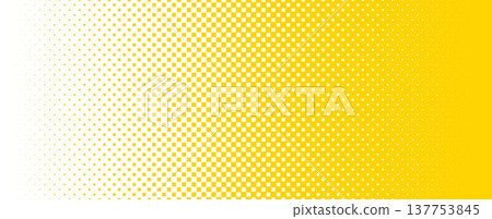 Yellow square pixel halftone gradient texture. Fading checkered gradation wallpaper. Bright squared dot background. Abstract vanishing comic pop art backdrop. Vector repeated raster effect overlay 137753845