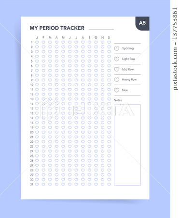 Cute Period Tracker Template, Printable A5 Menstrual Cycle Chart with Heart Icons and Notes Cute Period Tracker Template, Printable A5 Menstrual Cycle Chart with Heart Icons and Notes 137753861