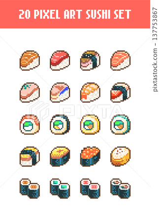 Pixel Art Sushi Icons Collection. 8 Bit Retro Japanese Food Illustration Set with Nigiri, Maki, Roll and Gunkan Sushi for Game Assets, Menu, Sticker and Mobile Design Pixel Art Sushi Icons Collection. 8 Bit Retro Japanese Food Illustration Set with Nigiri, Maki, Roll and Gunkan Sushi for Game Assets, Menu, Sticker and Mobile Design 137753867