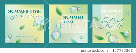 Summer Sale Social Media Banner Set with Bubbles, Soft Leaves and Pastel Gradient Backgrounds Summer Sale Social Media Banner Set with Bubbles, Soft Leaves and Pastel Gradient Backgrounds 137753868