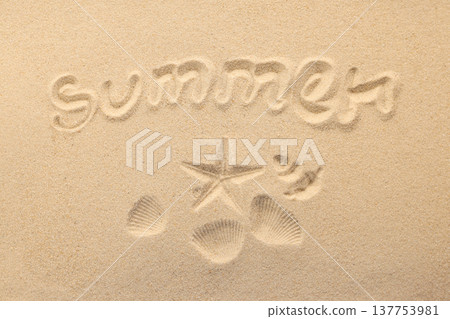 Sand is shaped to show the word summer and some shells Sand is shaped to show the word summer and some shells 137753981