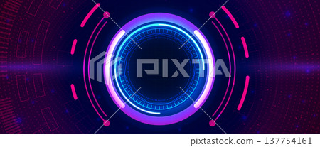 Futuristic neon pink and cyan circular HUD interface on dark purple technology background Futuristic neon pink and cyan circular HUD interface on dark purple technology background 137754161