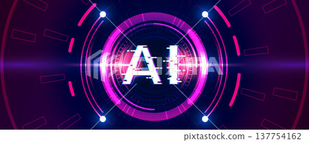 Artificial intelligence AI glitch effect inside futuristic neon circular HUD interface Artificial intelligence AI glitch effect inside futuristic neon circular HUD interface 137754162